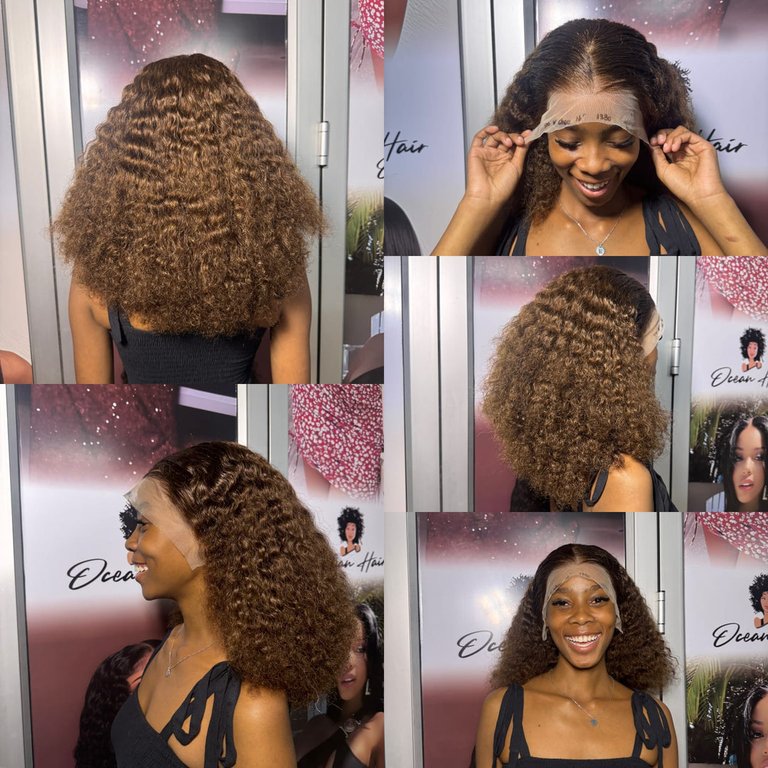 Ocean Hair Water Wave Pixie Curl Wig 13x4 Chocolate Color 16 Inch Wig