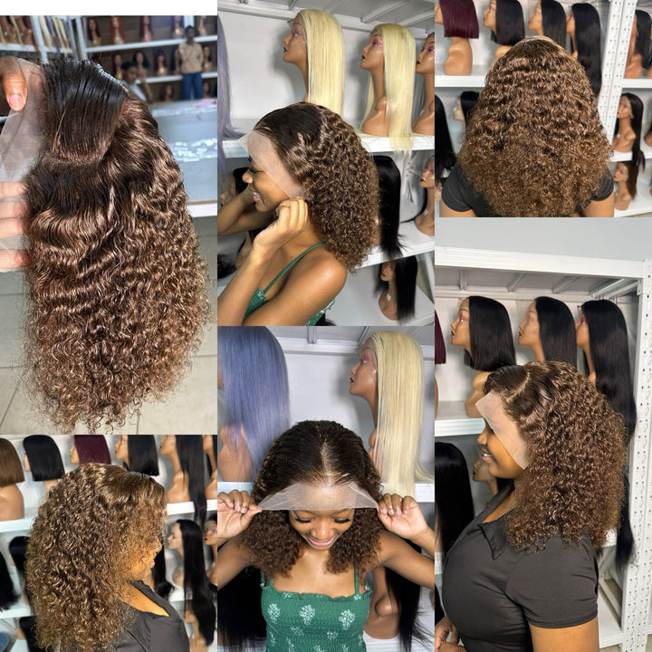 Ocean Hair Water Wave Pixie Curl Wig 13x4 Chocolate Color 16 Inch Wig