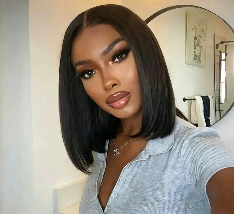 Trendy Bob Wig 13x4 &amp; 4x4 Super Double Drawn Straight Human Hair Natural Black Color | Short to Medium Lengths (8-16")
