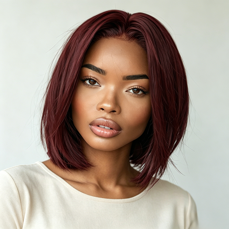 13x4 Bob Straight Human Hair Wig 99J Burgundy Color Lace Front Wig 8-16 Inches