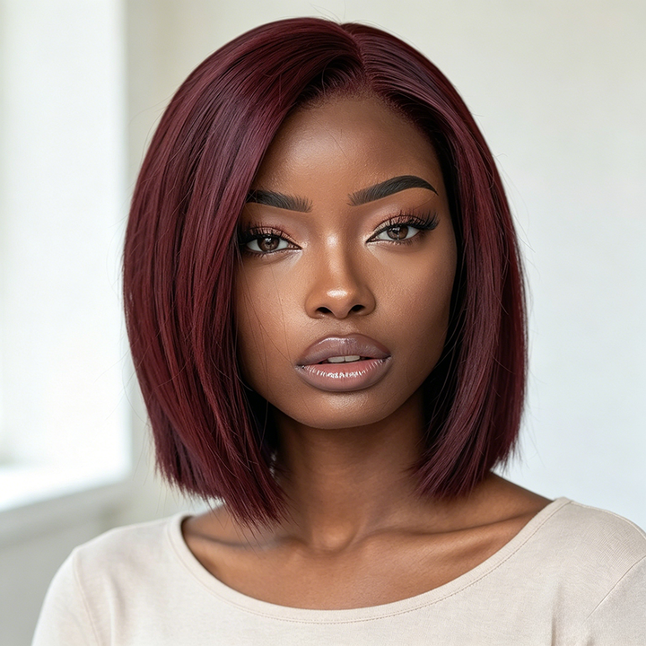 13x4 Bob Straight Human Hair Wig 99J Burgundy Color Lace Front Wig 8-16 Inches