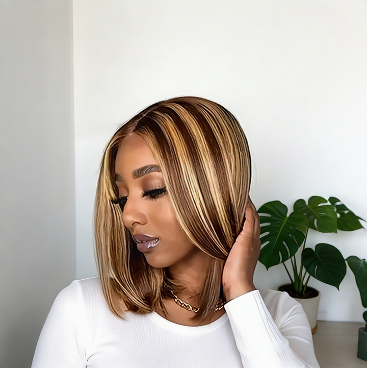 13x4 Super Double Drawn Bob Straight Wig | 4/27 Honey Blonde Highlight | Human Hair Lace Front 10-16 Inches