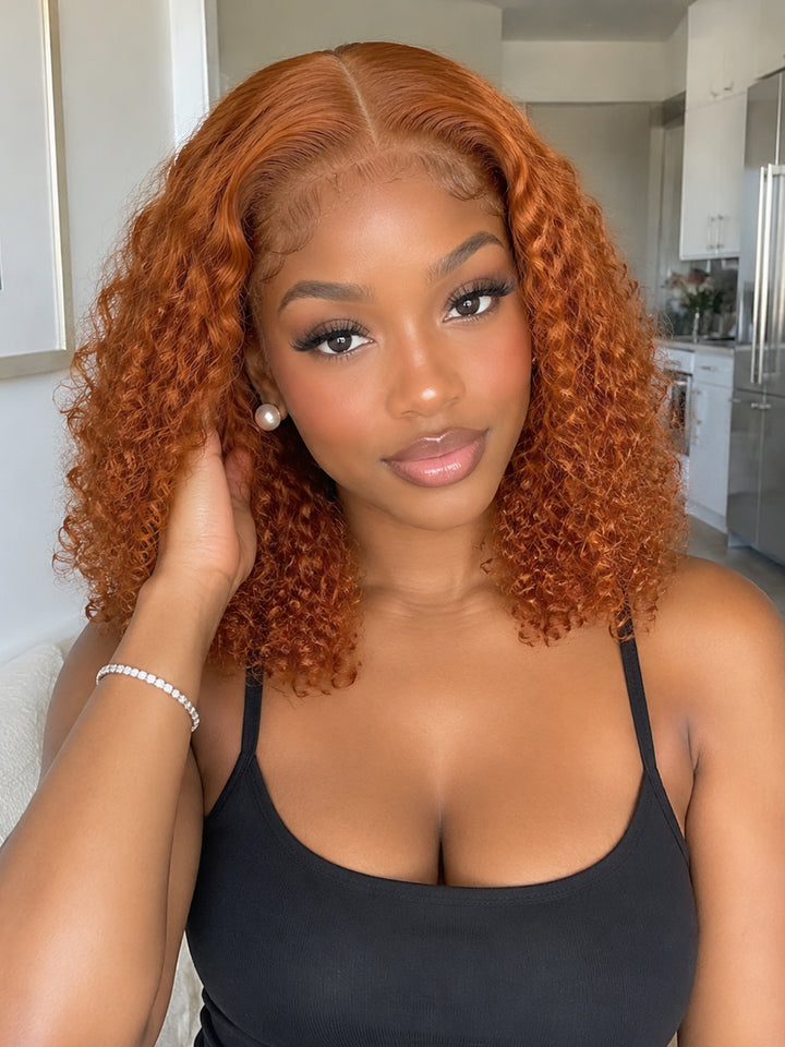 Ocean Hair 13x4 Lace Front Jerry Curl Bob Wig 350 Ginger Orange Color 14/16 Inch