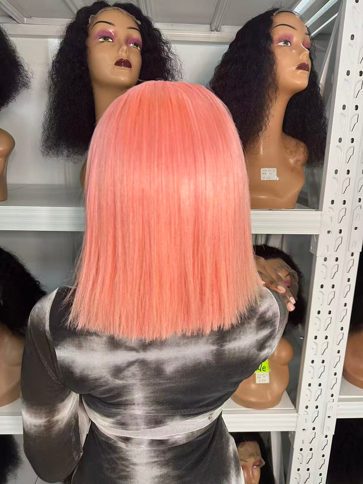 Ocean Hair 13x4 DD Straight Bob Wig Pink Color 8/10 Inch Double Drawn Hair