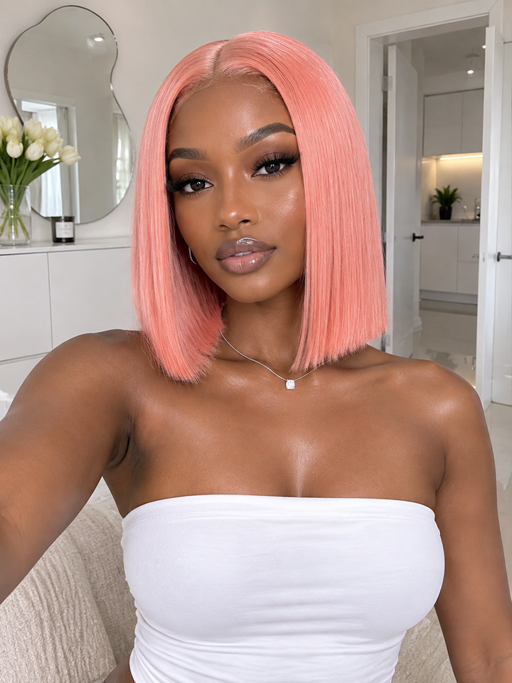 Ocean Hair 13x4 DD Straight Bob Wig Pink Color 8/10 Inch Double Drawn Hair