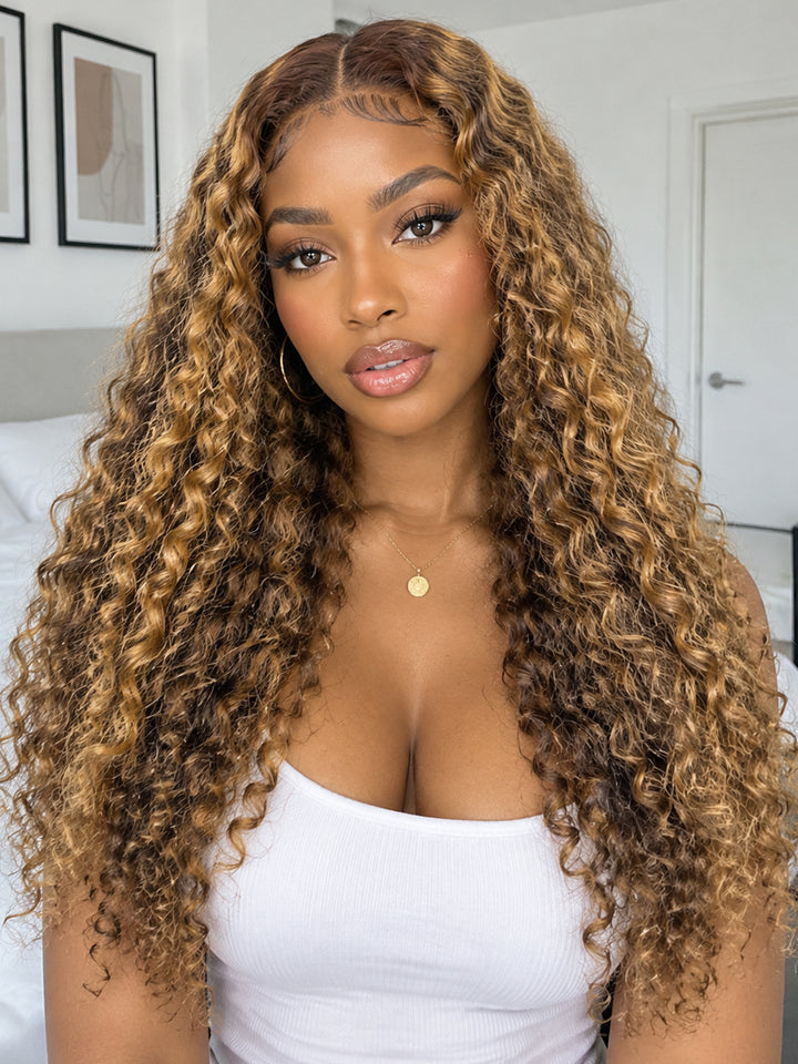 Ocean Hair Water Wave 13x4 SDD Transparent Lace Raw Human Hair Wig Piano Brown Blonde Color 20-32 Inch