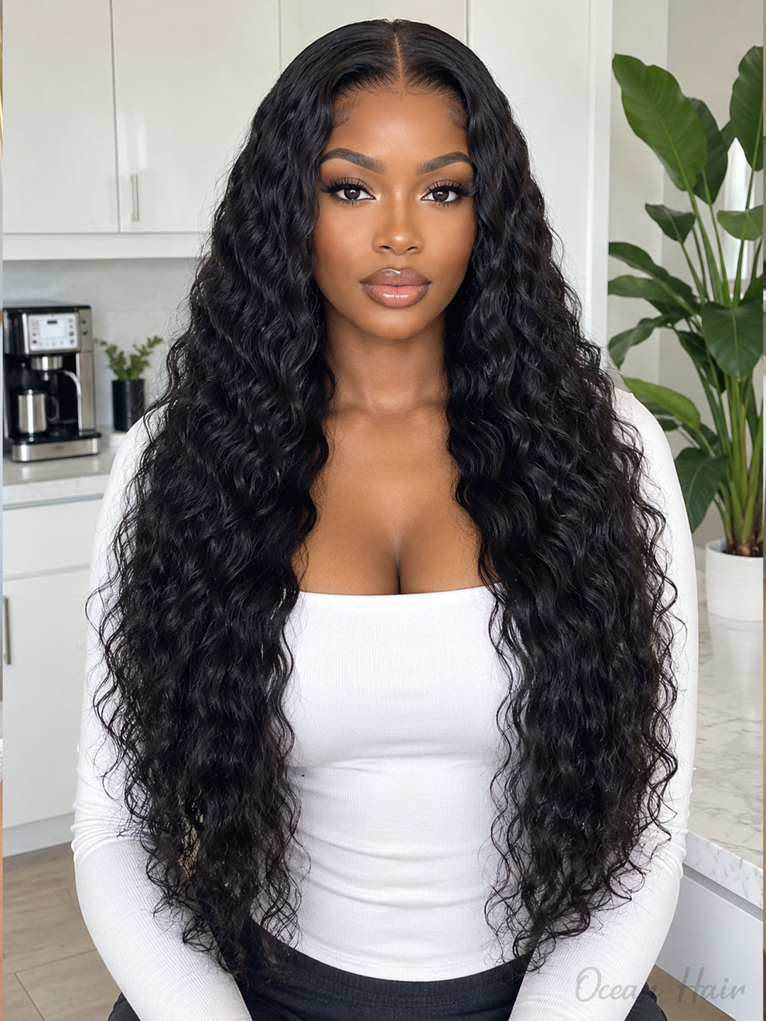 Ocean Hair Water Wave 4x4 Glueless Wig 1B Black Color Long Hair Wig