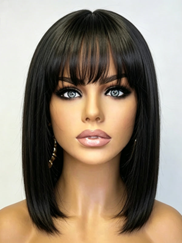Ocean Hair Fringe Straight Bob Wig Natural Black 10 Inch Wear and Go Wig
