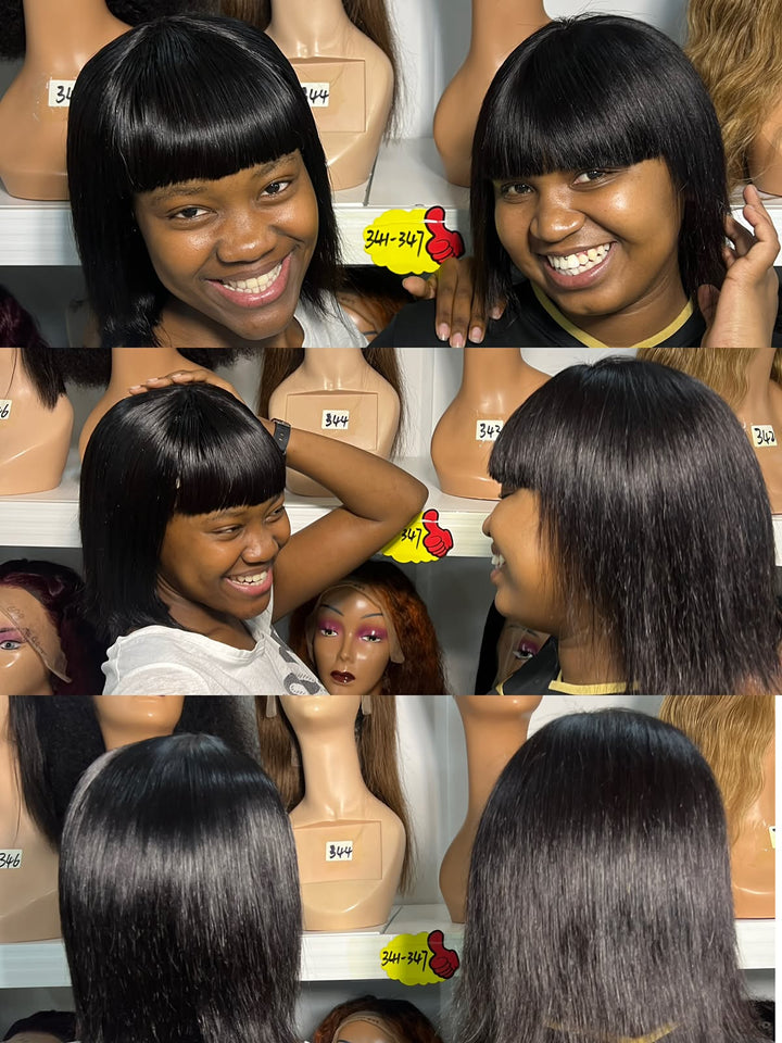 Ocean Hair Fringe Straight Bob Wig Natural Black 10 Inch Wear and Go Wig