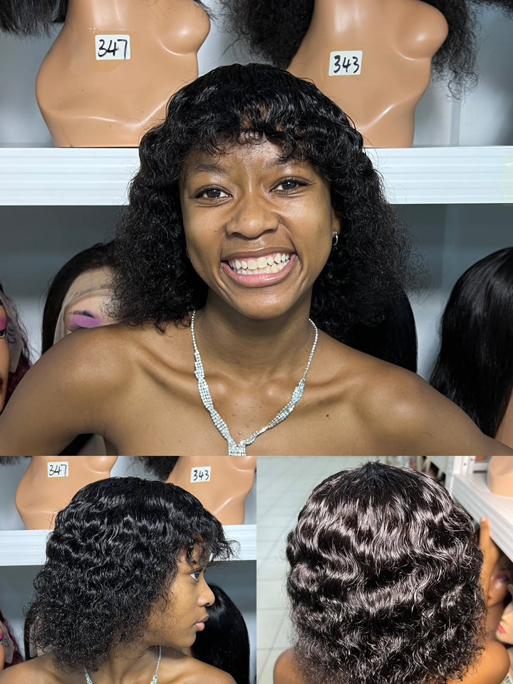 Ocean Hair Fringe Wear and Go Bob Water Wave Glueless Wig Black Color