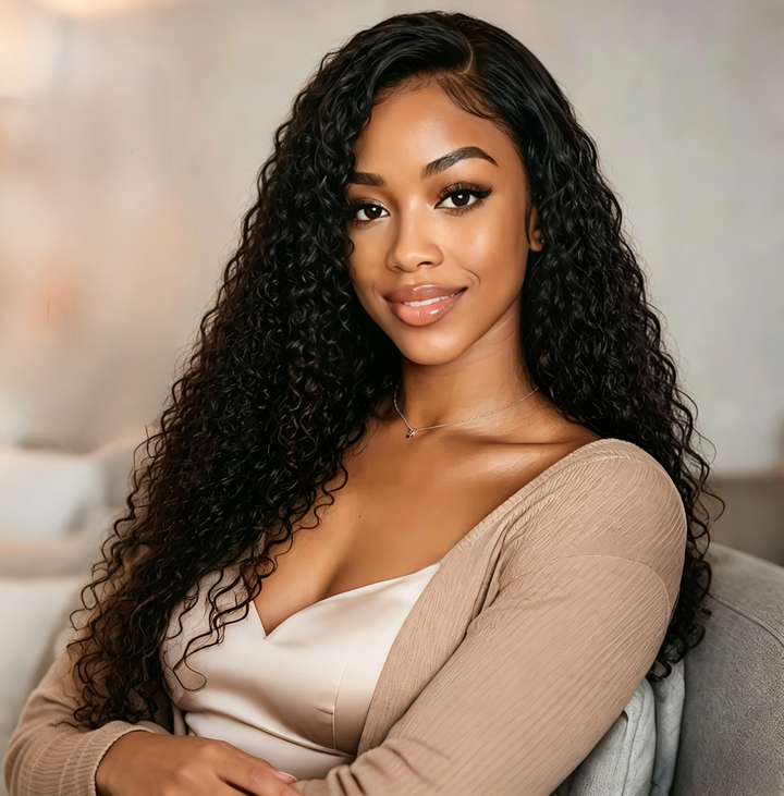 Ocean Hair Water Wave 13x4 Lace Front Wig 1B Black Color Long Hair Wig