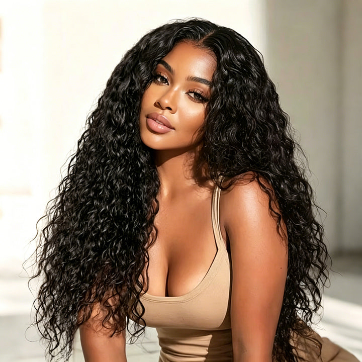 Ocean Hair Water Wave 4x4 Glueless Wig 1B Black Color Long Hair Wig