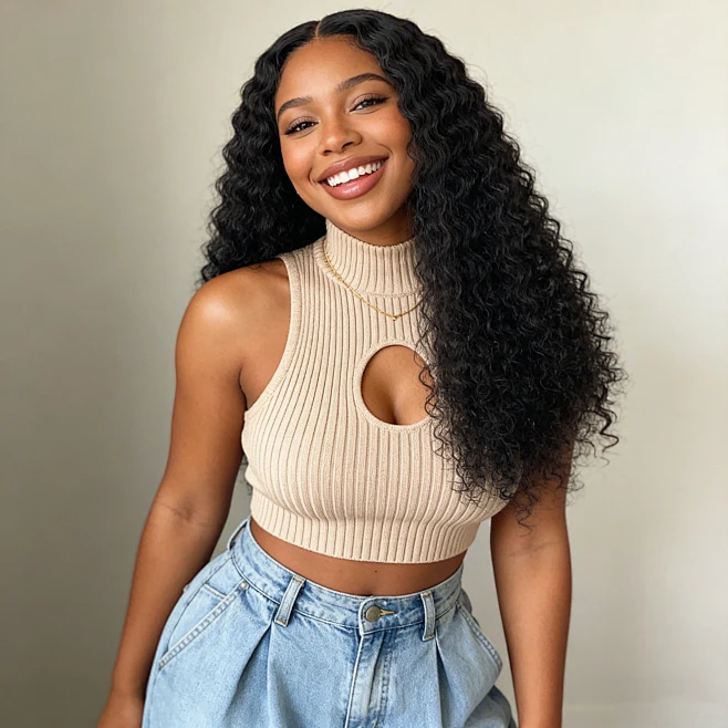 Ocean Hair Water Wave 4x4 Glueless Wig 1B Black Color Long Hair Wig