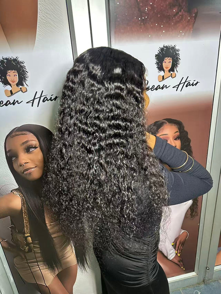 Ocean Hair Water Wave 4x4 Glueless Wig 1B Black Color Long Hair Wig