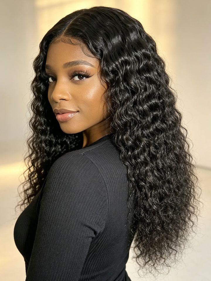 Ocean Hair Water Wave 4x4 Glueless Wig 1B Black Color Long Hair Wig