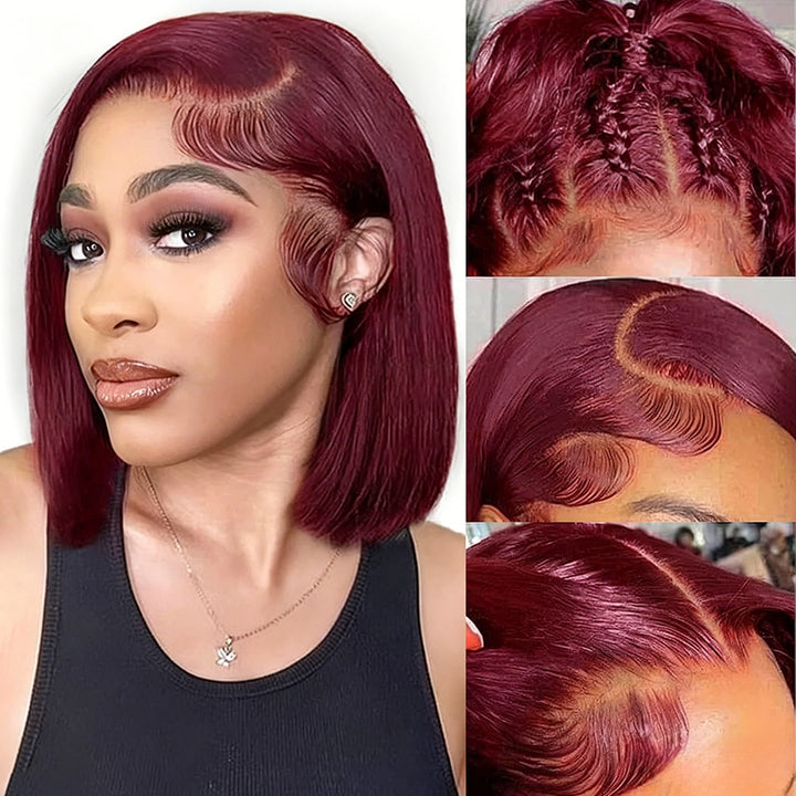 13x4 Bob Straight Human Hair Wig 99J Burgundy Color Lace Front Wig 8-16 Inches