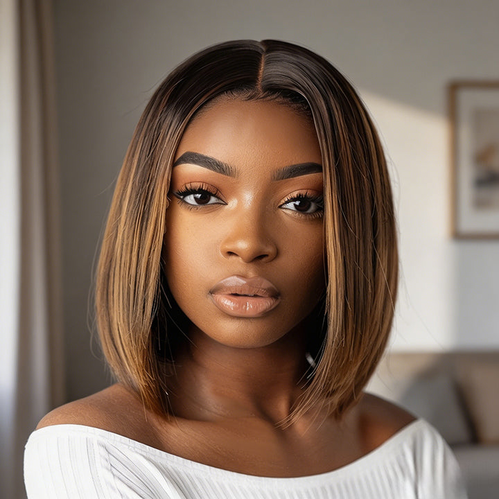 13x4 Bob Straight Double Drawn Human Hair Wig Lace Front Colorful Wig 