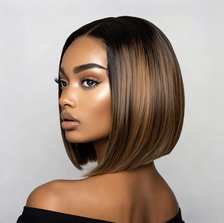 13x4 Bob Straight Double Drawn Human Hair Wig Lace Front Colorful Wig 