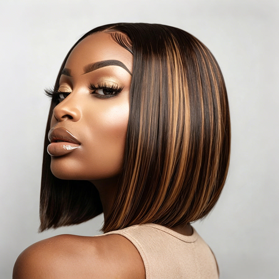 13x4 Bob Straight Double Drawn Human Hair Wig Lace Front Colorful Wig 