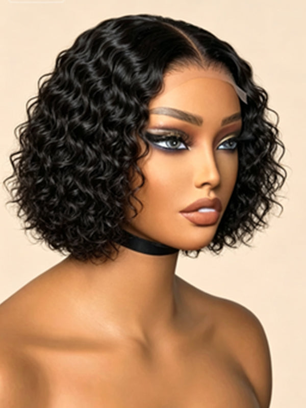 Ocean Hair Water Wave T-Part Lace Wig 13x1 Short Bob Black Wig 10 Inch