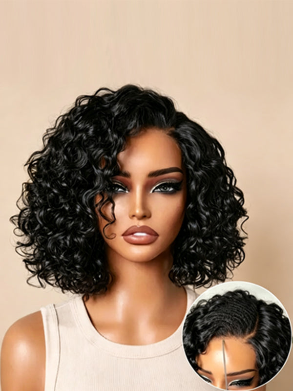 Ocean Hair Water Wave T-Part Lace Wig 13x1 Short Bob Black Wig 10 Inch