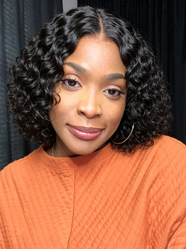 Ocean Hair Water Wave T-Part Lace Wig 13x1 Short Bob Black Wig 10 Inch