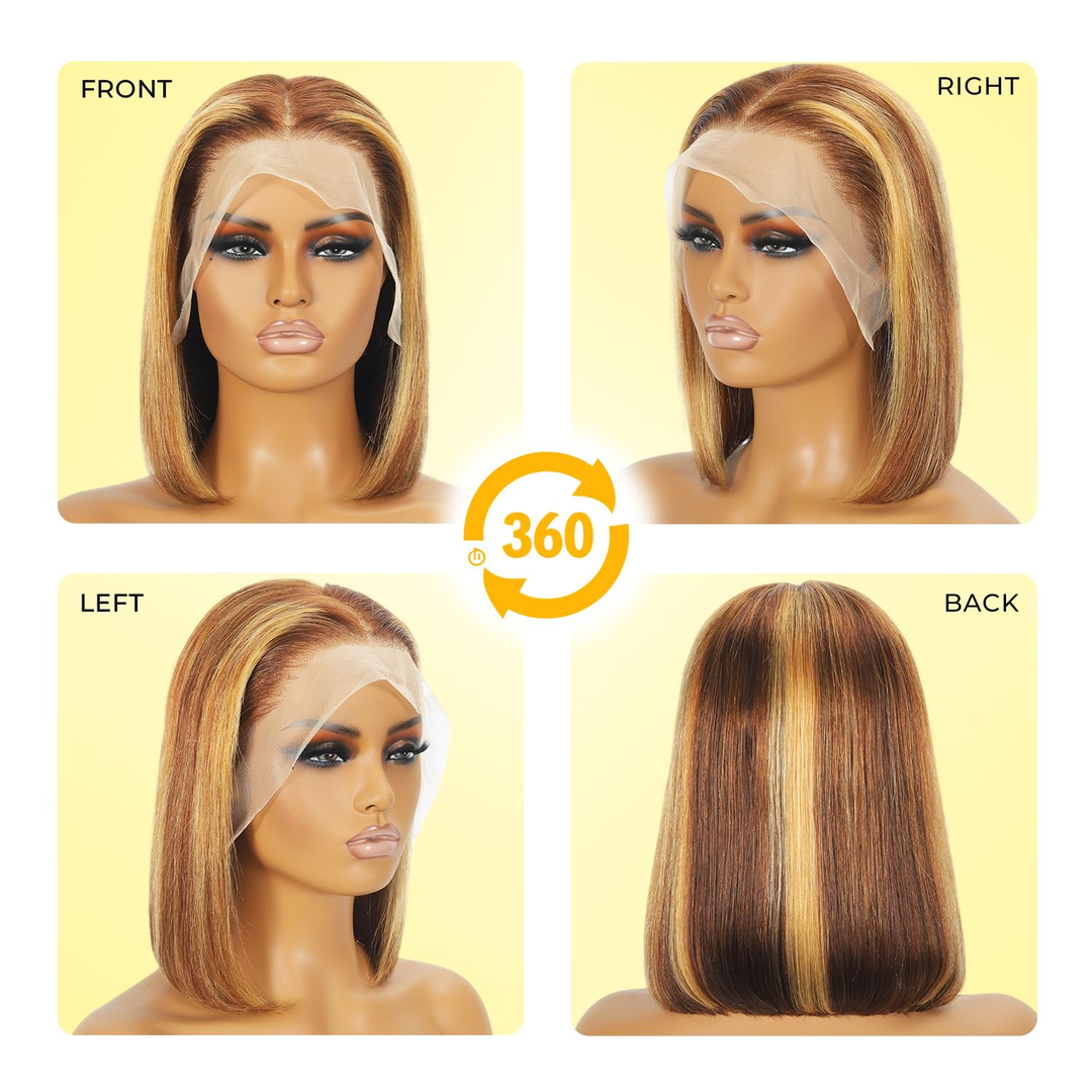13x4 Super Double Drawn Bob Straight Wig | 4/27 Honey Blonde Highlight | Human Hair Lace Front 10-16 Inches