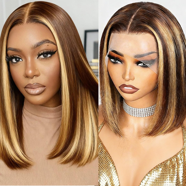 13x4 Super Double Drawn Bob Straight Wig | 4/27 Honey Blonde Highlight | Human Hair Lace Front 10-16 Inches