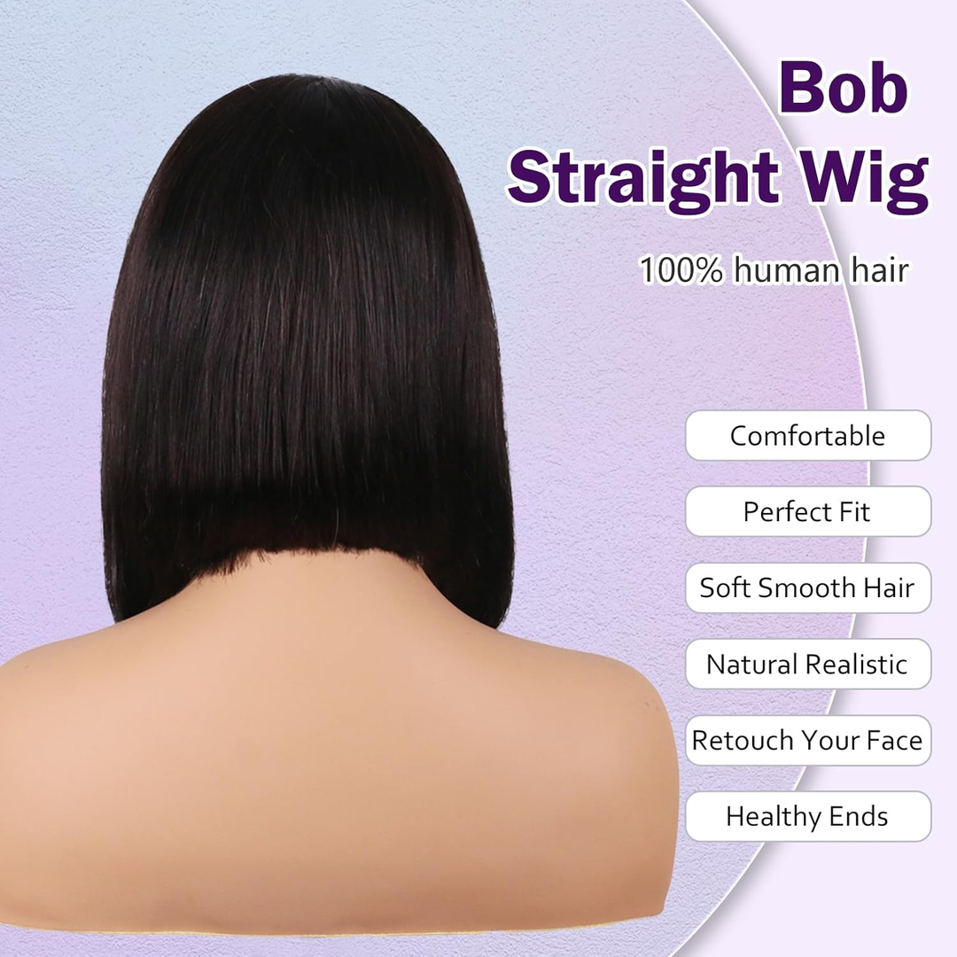 Trendy Bob Wig 13x4 &amp; 4x4 Super Double Drawn Straight Human Hair Natural Black Color | Short to Medium Lengths (8-16")