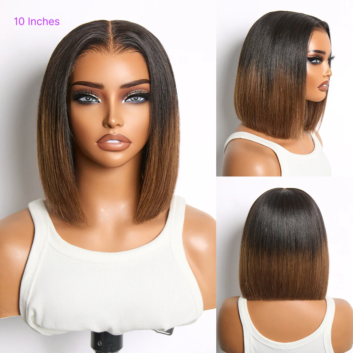 13x4 Bob Straight Double Drawn Human Hair Wig Lace Front Colorful Wig 